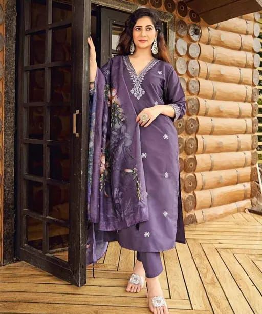 Elegant Lavender Cotton Embroidered Straight Salwar suit with dupatta