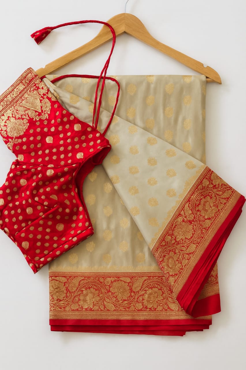 Elegant Banarasi Silk Saree with Rich Red Zari Border & Blouse Piece