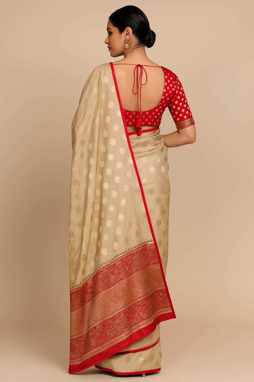 Elegant Banarasi Silk Saree with Rich Red Zari Border & Blouse Piece