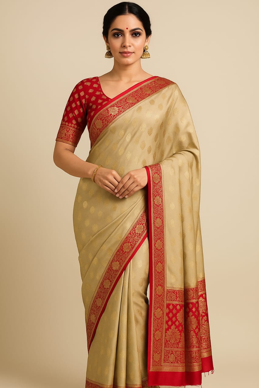 Elegant Banarasi Silk Saree with Rich Red Zari Border & Blouse Piece