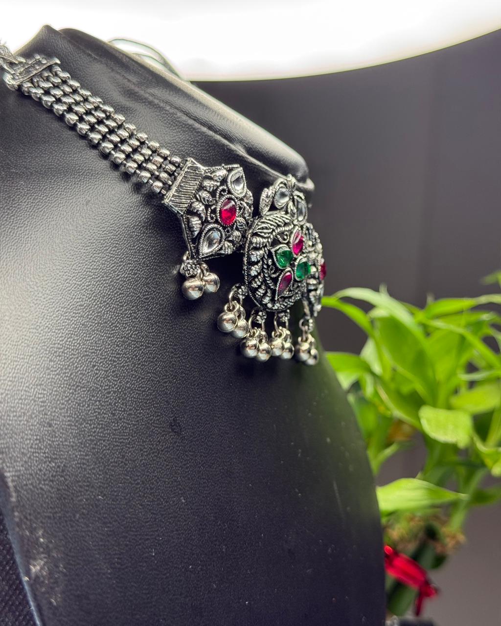 Oxidized Silver Necklace Set with Green & Pink Stones | Traditional Temple Jewelry for Women