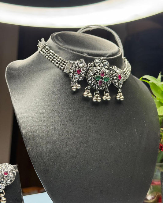 Oxidized Silver Necklace Set with Green & Pink Stones | Traditional Temple Jewelry for Women