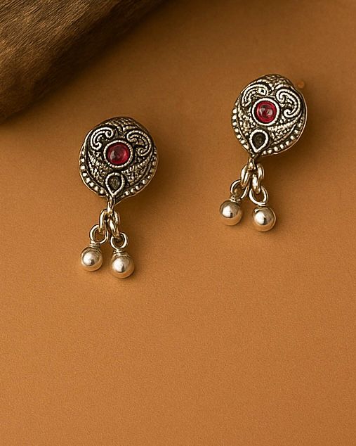 Oxidized Silver Necklace Set with Green & Pink Stones | Traditional Temple Jewelry for Women