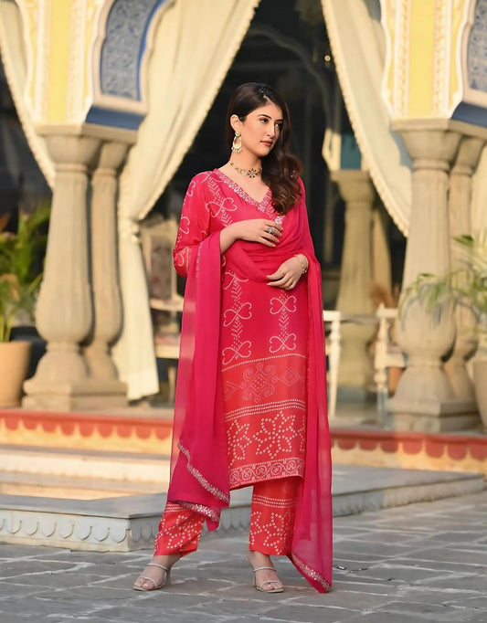 Red Bandhani print suit set with dupatta