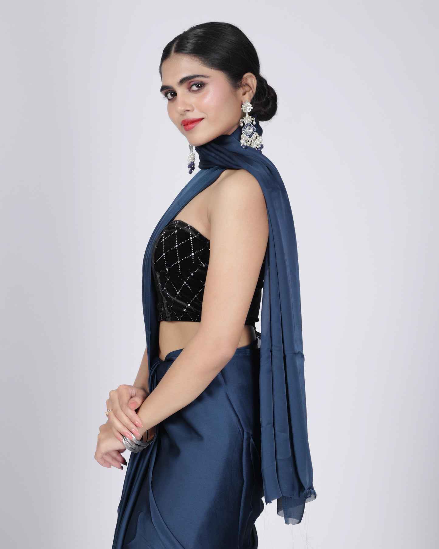 Navy Blue Contemporary Saree with Black Sequin Blouse