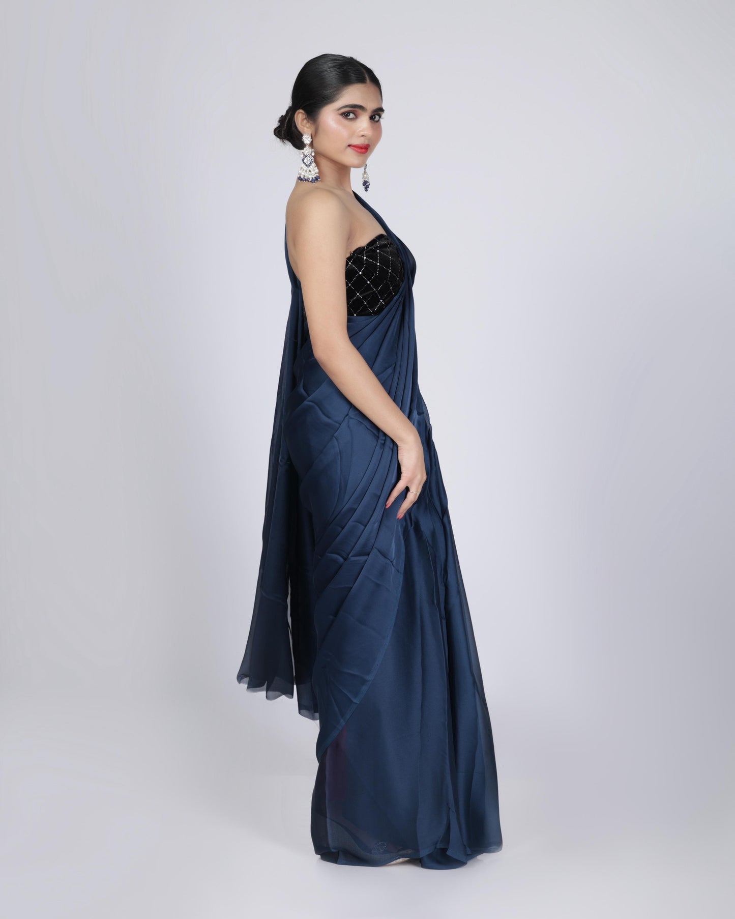 Navy Blue Contemporary Saree with Black Sequin Blouse