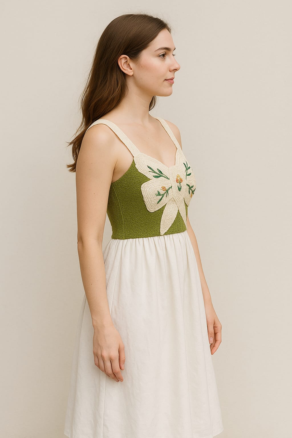 Embroidered Bow Knit & Cotton Midi Dress