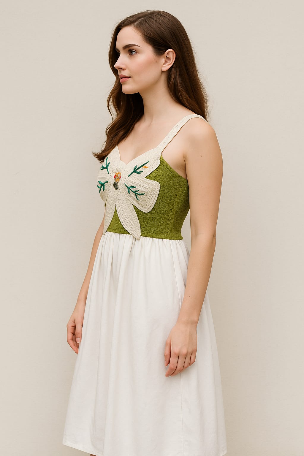 Embroidered Bow Knit & Cotton Midi Dress