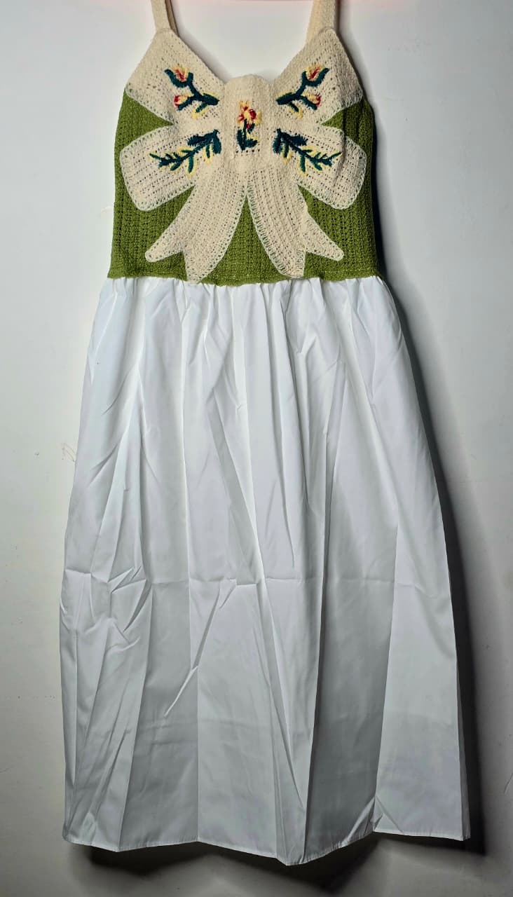 Embroidered Bow Knit & Cotton Midi Dress