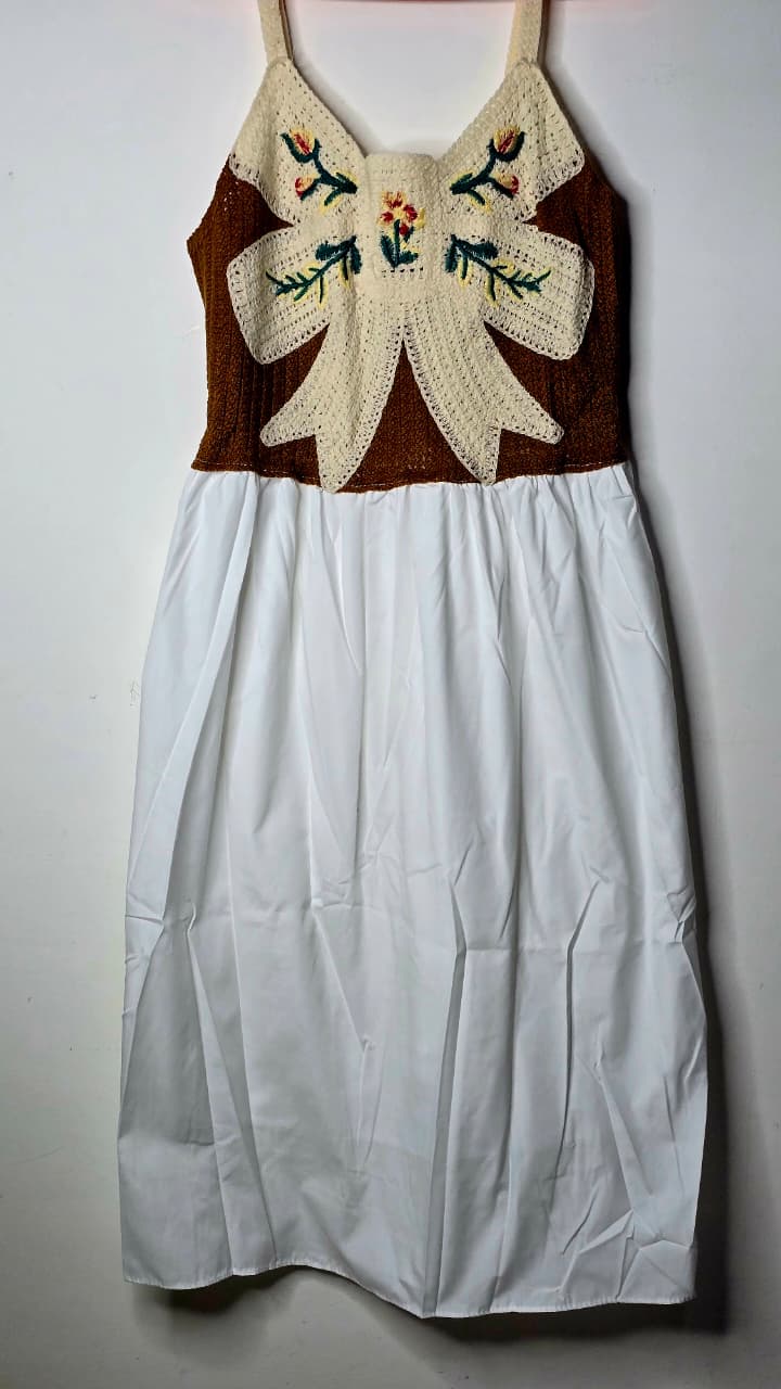 Vintage Boho Embroidered Sundress – White & Mustard