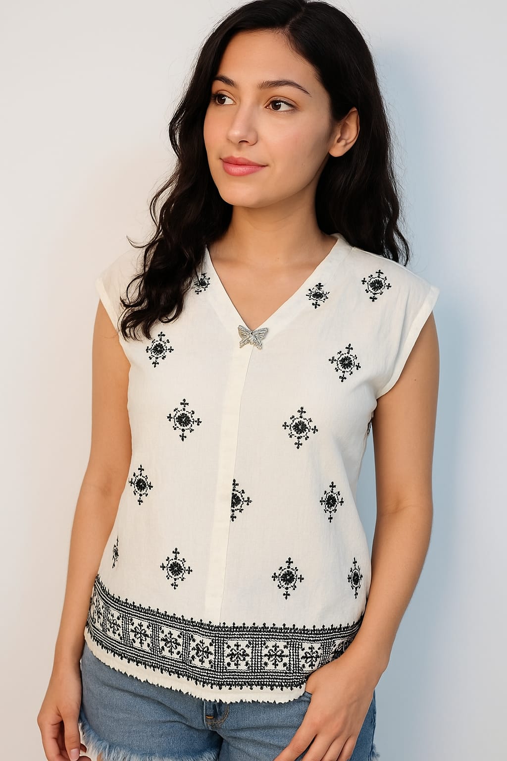 Black Sleeveless Embroidered Top with Boho Detailing