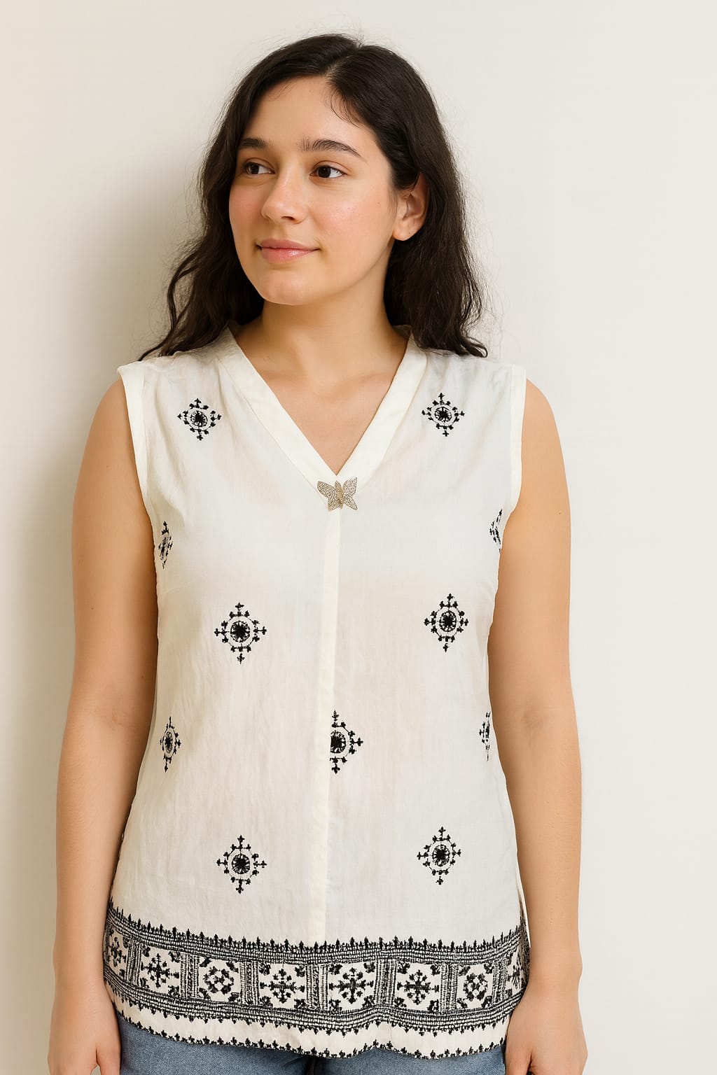 Black Sleeveless Embroidered Top with Boho Detailing