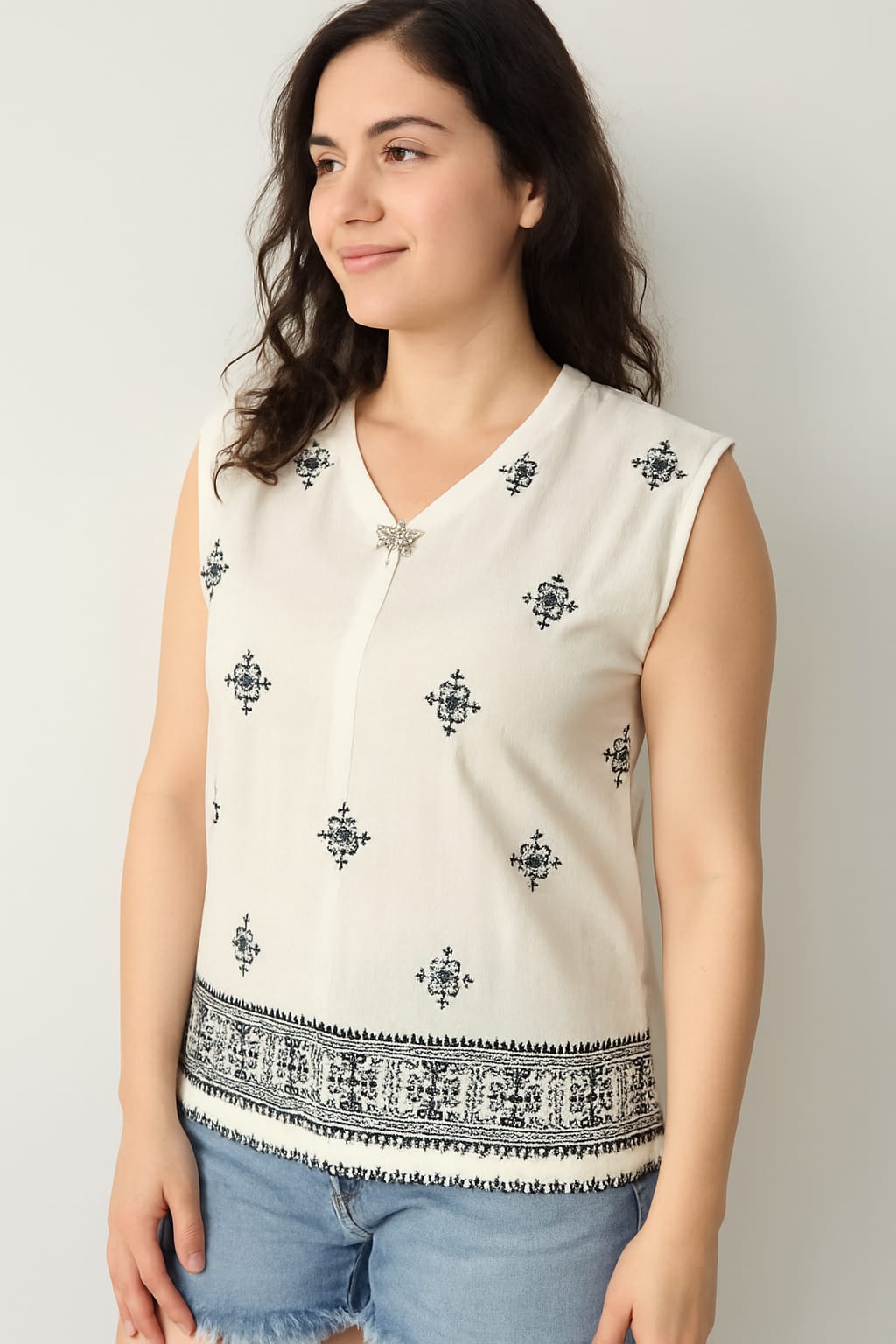 Black Sleeveless Embroidered Top with Boho Detailing