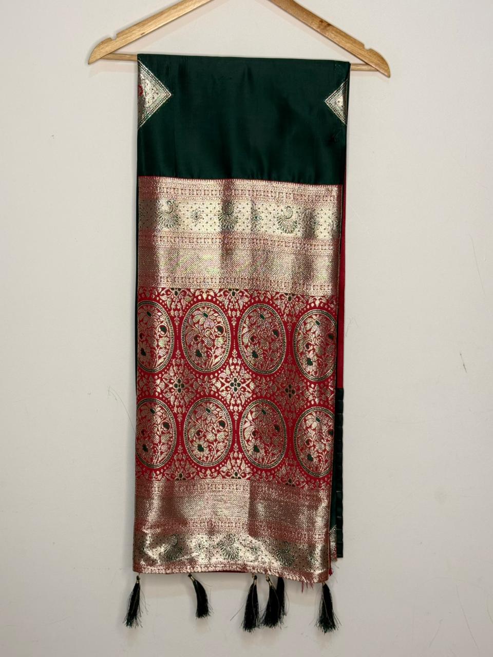 Emerald Green Banarasi Silk Saree with Red & Gold Zari Border