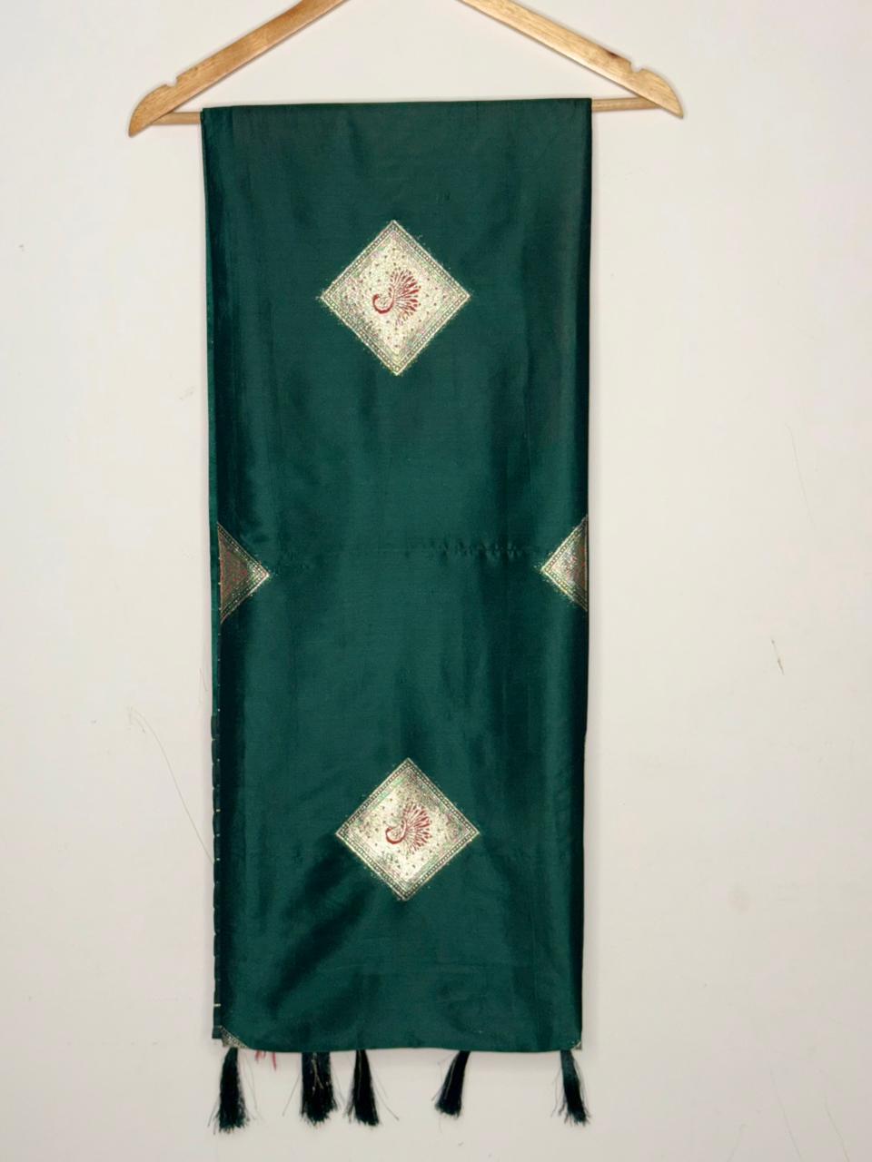 Emerald Green Banarasi Silk Saree with Red & Gold Zari Border