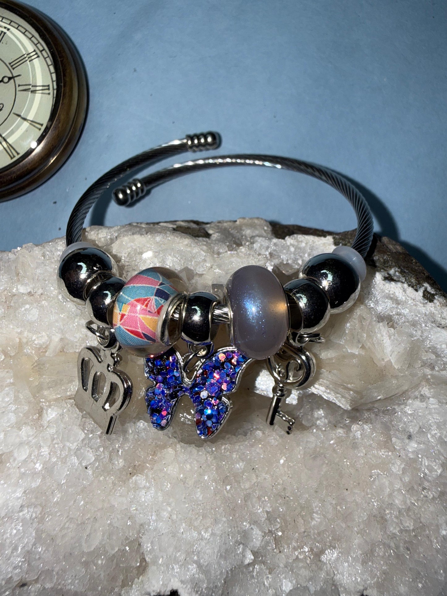 Butterfly Charm Bracelet with Crown & Key | Multicolor Beaded Adjustable Bracelet for Women