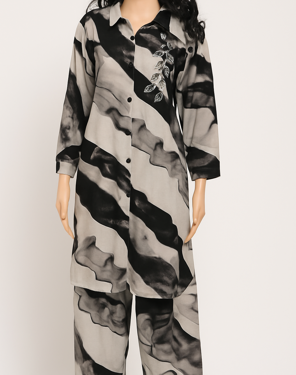 Monochrome Abstract Co-ord Set with Embroidered Detail