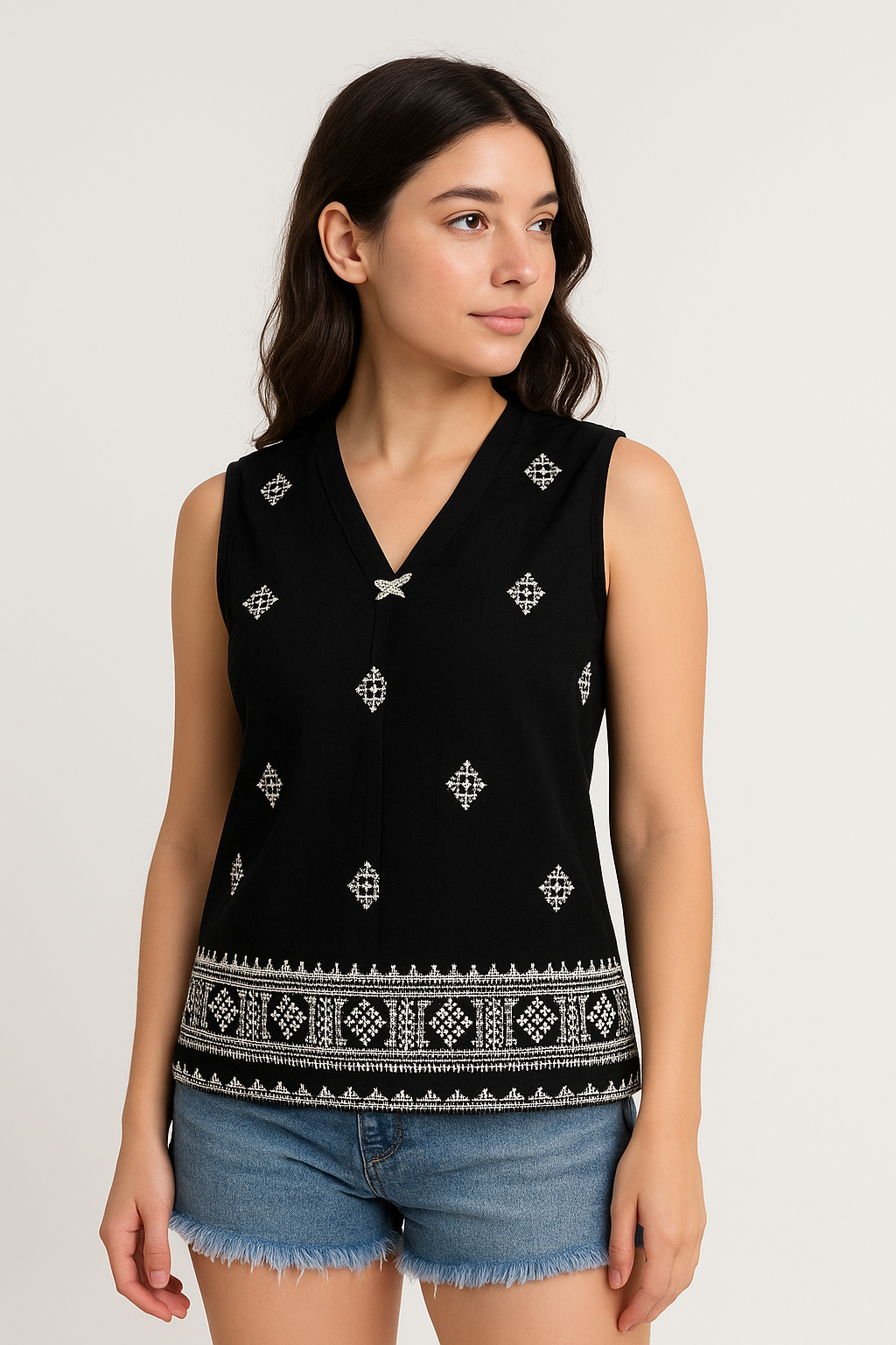 Black Sleeveless Embroidered Top with Boho Detailing