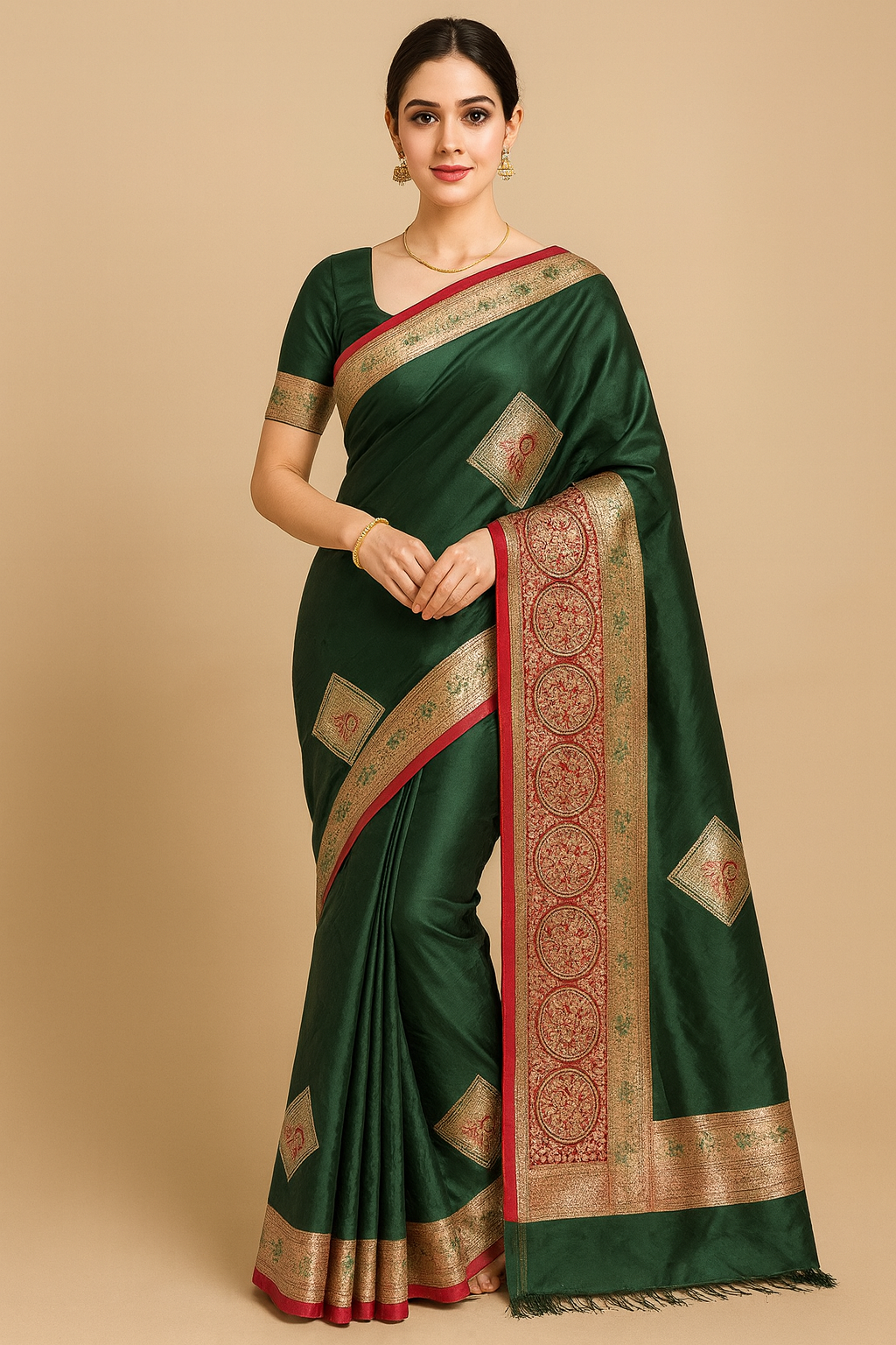 Emerald Green Banarasi Silk Saree with Red & Gold Zari Border