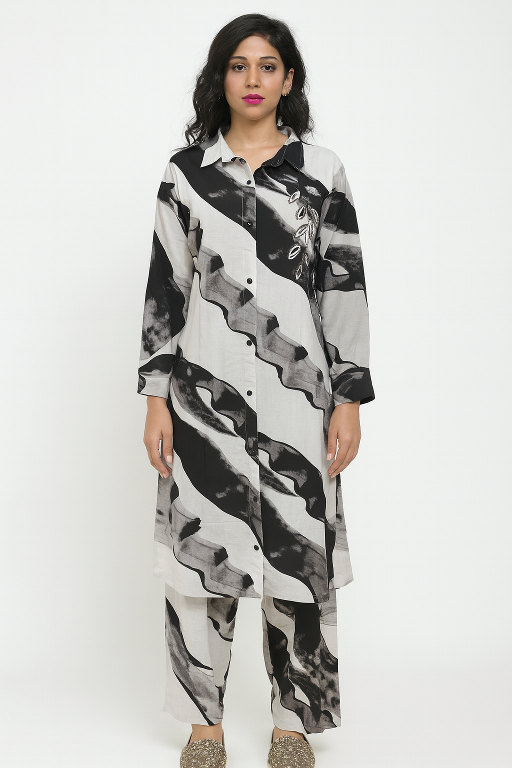 Monochrome Abstract Co-ord Set with Embroidered Detail