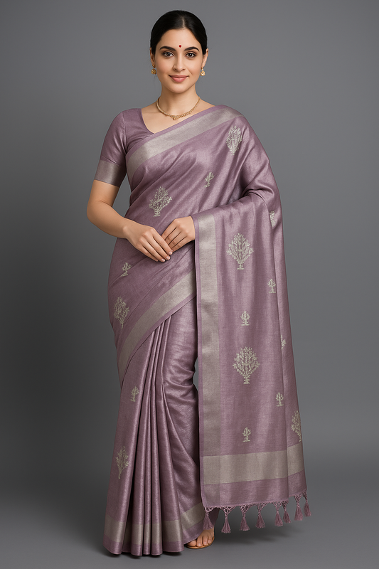 Mauve Silk Saree with Silver Zari Tree Motifs & Tassel Pallu