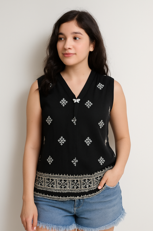 Black Sleeveless Embroidered Top with Boho Detailing